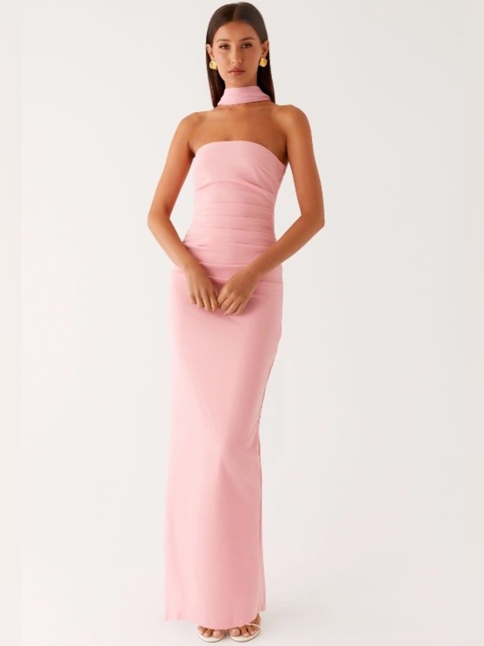 Peppermayo Strapless Pink Column Gown with Neck Scarf